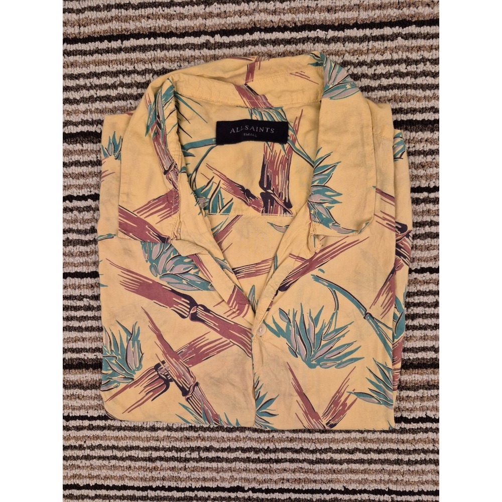 AllSaints Kalalau SS Mens Sz S Shirt Yellow Tropical Bamboo Print Viscose MS020N